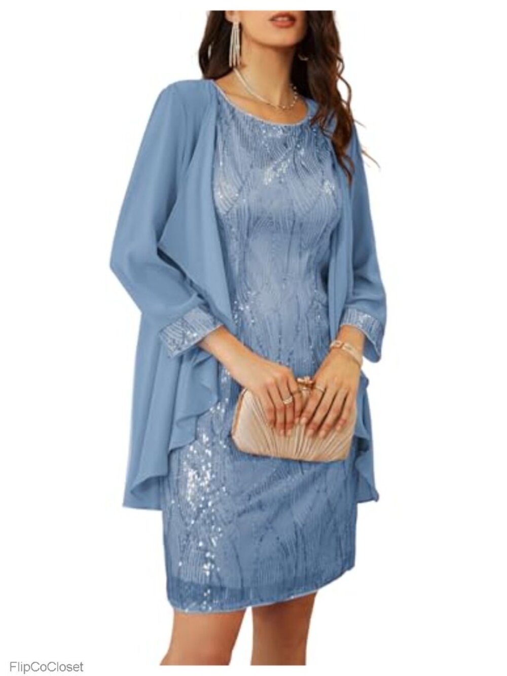 Sequin Mother of the Bride Dress Set with Jacket Tea Length Formal Wedding